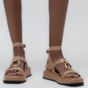 ZARA Leather Embellished Flatform Leather Sandals Nude Size 37